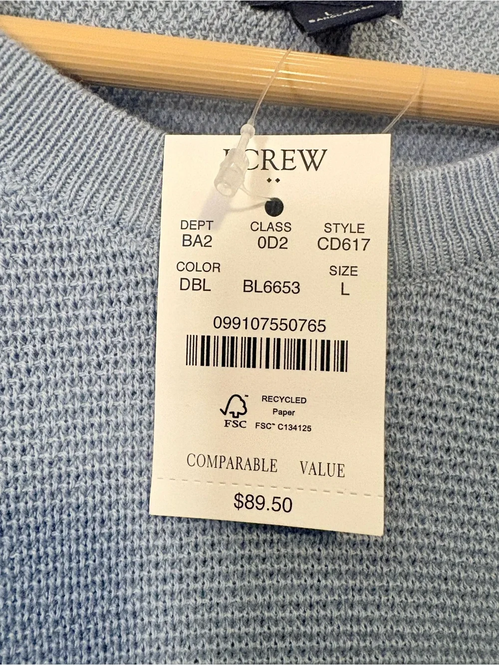 J. Crew Men's Light Blue Waffle Crewneck Sweater Cotton Large